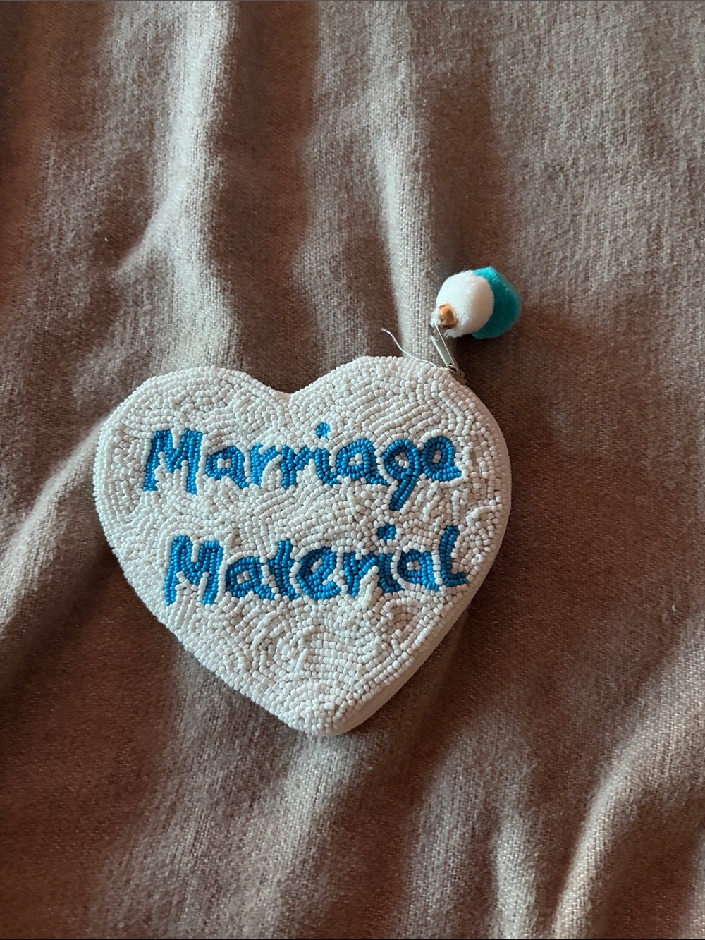 Beaded Heart Keychain "Marriage Material" - White & Blue